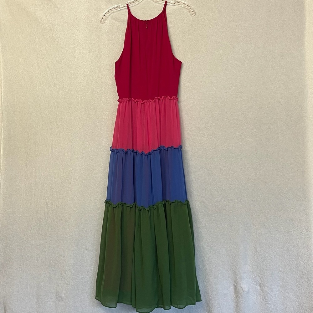 Chico's 1P Maxi Dress Color Block Ruffle Halter Sleeveless Party‎ Dress Petite M - Picture 12 of 16
